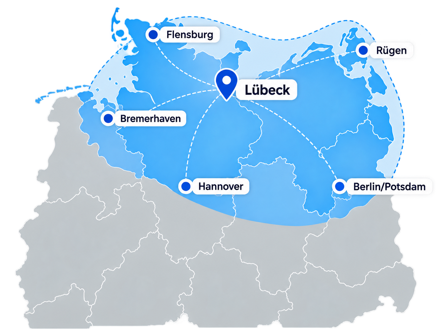 Coverseal-Montagegebiet ab Lübeck: Flensburg, Bremerhaven, Hannover, Berlin und Potsdam sowie Rügen