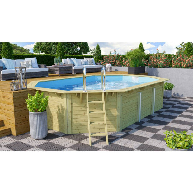 Trend Holzpool SET Achteck Langform | versch. Folienfarbe | mit Metallecken | 610 x 400 x 124 cm | ca. 19,1 m³ Beckenvolumen