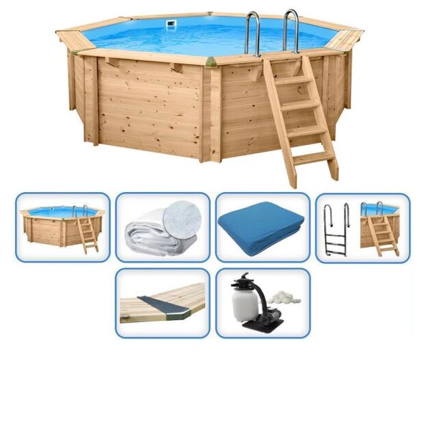 Holzpool Interline Basis Set Bali Achteck Rund - Becken, Folie, Filter und Leiter
