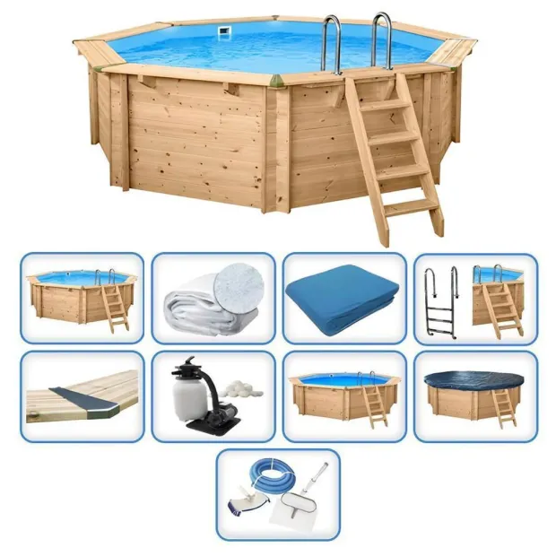 Holzpool Interline Premium Set Bali Achteck Rund - Becken, Folie, Filter, Leiter, Sommer- & Winterabdeckung und Reinigerset