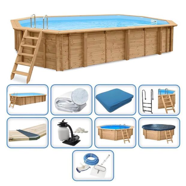 Holzpool Interline Premium Set Bali Achteck Oval - Becken, Folie, Filter, Leiter, Sommer- & Winterabdeckung und Premium Zubehör-Set