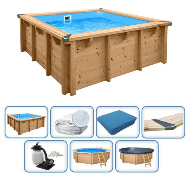 Holzpool Interline Deluxe Set Bali Rechteck (mini) - Becken, Folie, Vlies, Filteranlage & Sommer - Winterabdeckung