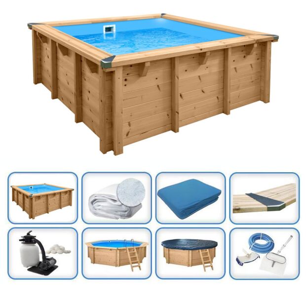 Holzpool Interline Premium Set Bali Rechteck (mini) - Becken, Folie, Vlies, Filteranlage, Sommer- Winterabdeckung & Reinigerset