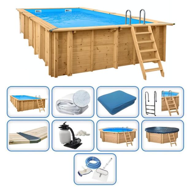 Holzpool Interline Premium Set Bali Rechteck - Becken, Folie, Filter, Leiter, Sommer-  & Winterabdeckung und Premium Zubehör-Set